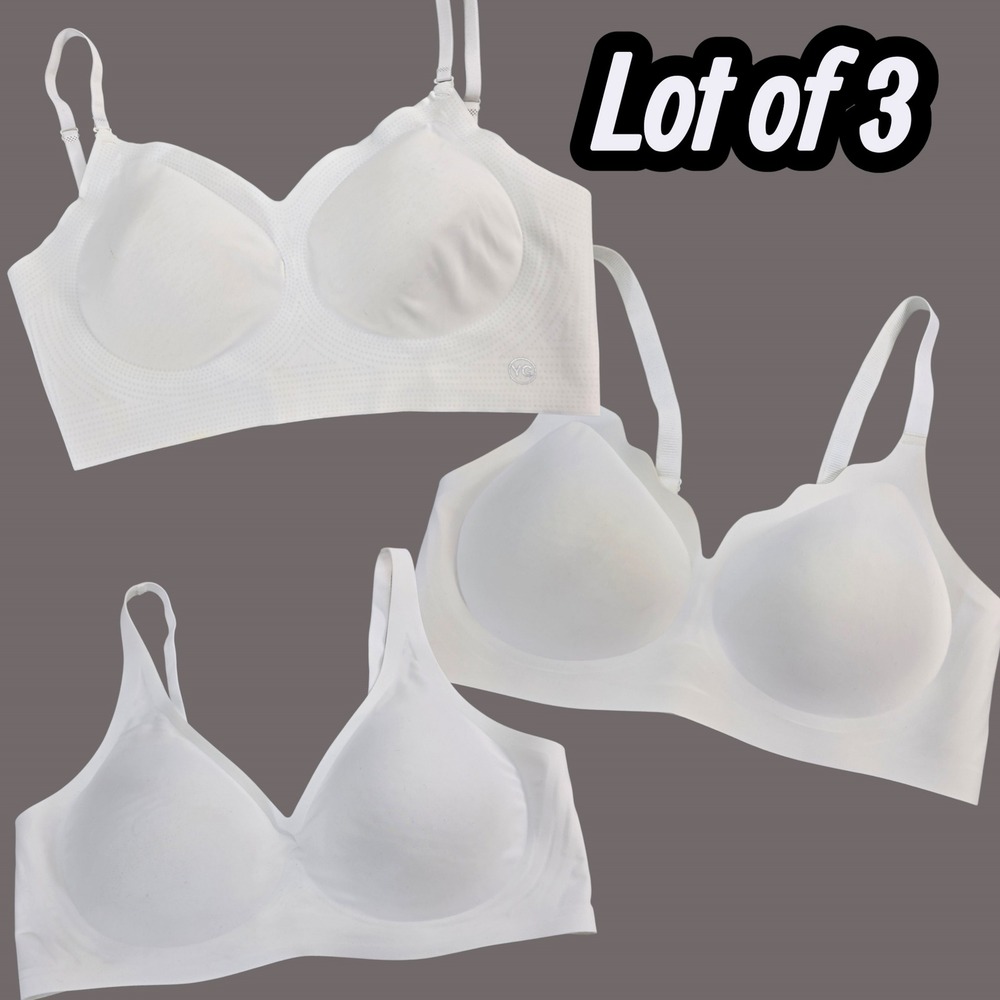 Lot of 3 Wireless Seamless Bras XL XXL White Nylon Blend Padded Comfort Basic